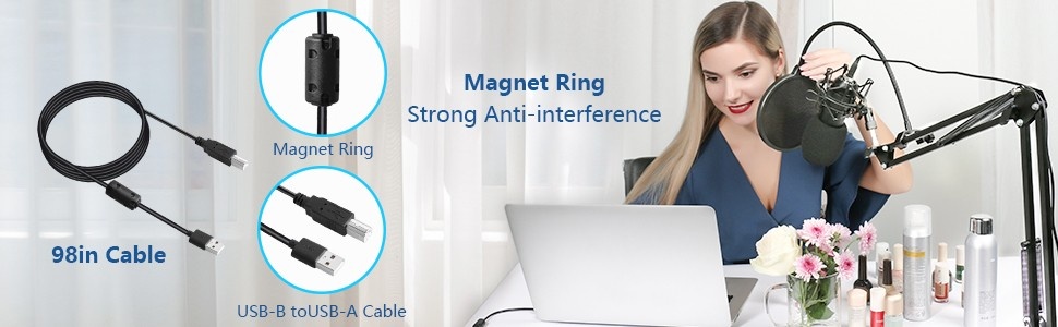 Maono AU-A04 microphone USB-B to USB-A cable with magnet ring for noise-free audio recording